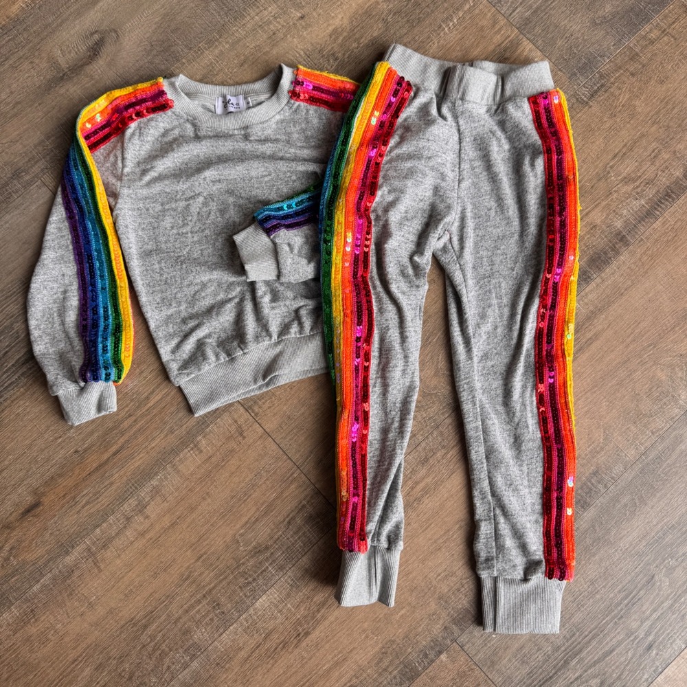 Lola + The Boys Kids Grey Rainbow Sequin Stripe Tracksuit Set Size 6